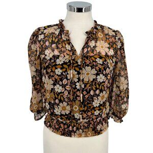 Monteau Floral Sheer Blouse With Metallic Details Half Sleeves Size Medium